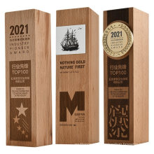 Customized Design Engraved Logo Wooden Plaque Base Trophy and Crystal Block Wood Award